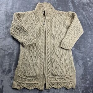 Inis Crafts Zip Up Cardigan Women M Beige Merino Wool Aran Cable Knit Ireland